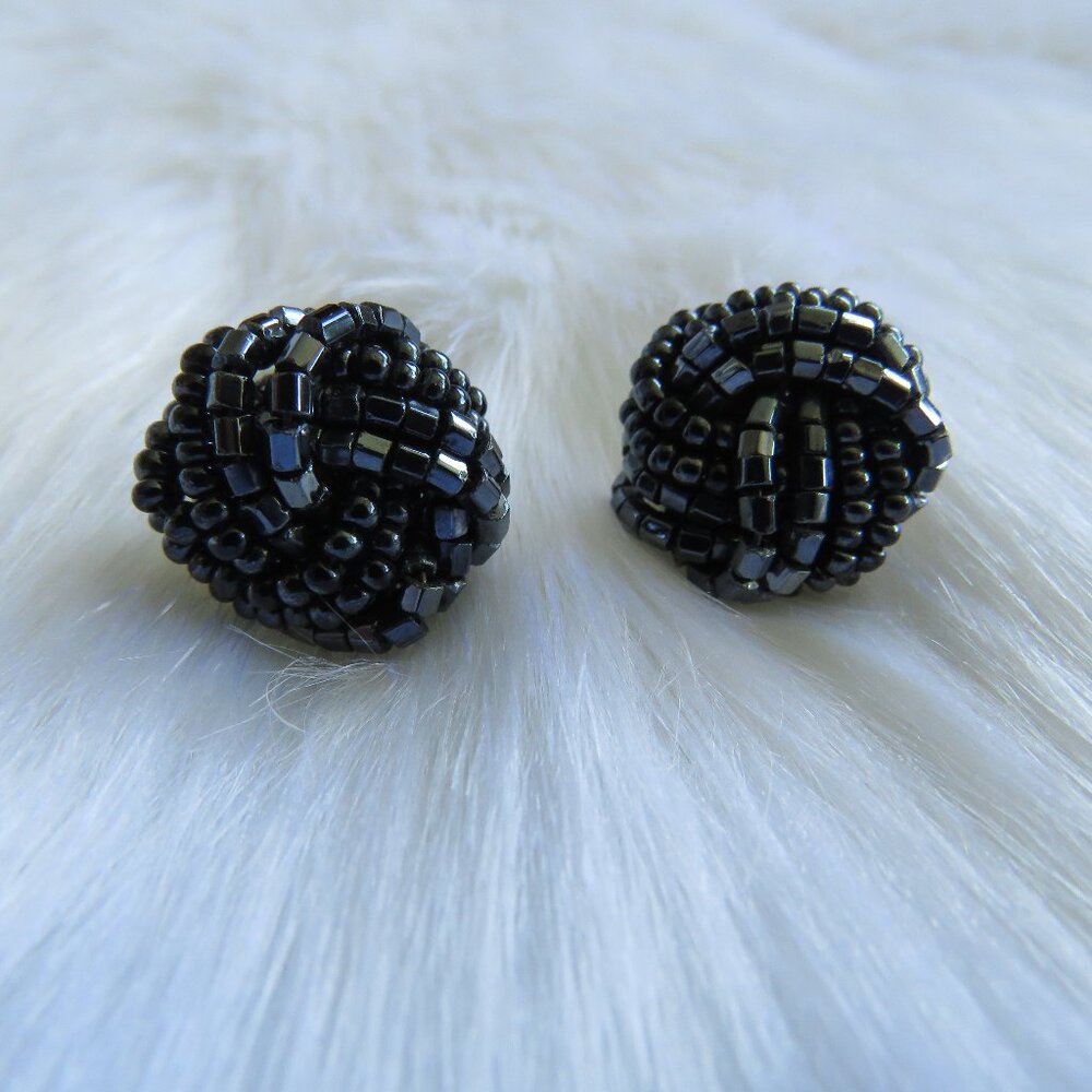 Vintage Black Beaded Cluster Pierced Earrings